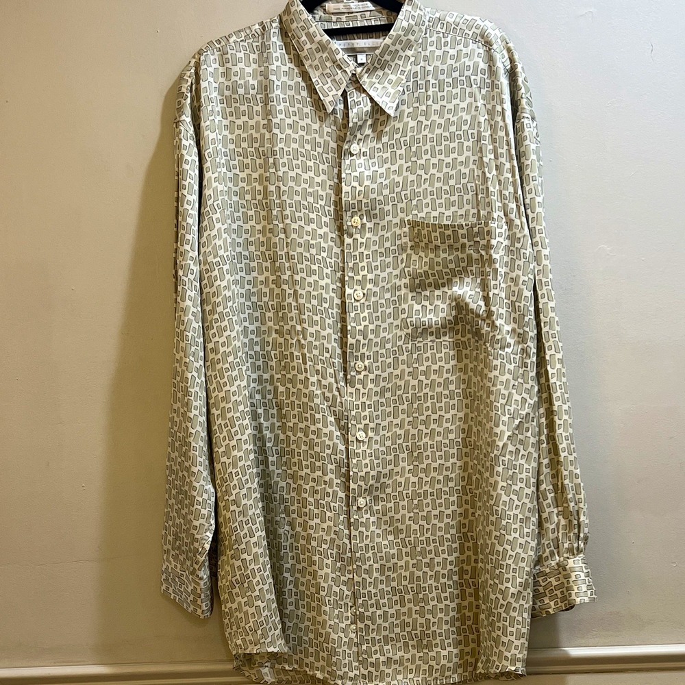 VNT 1990Perry Ellis Men's 100% Silk Beige/Sage Geometric Button-Up Shirt Pockets